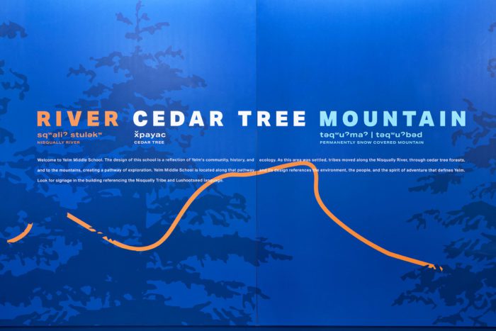 EGD feature with dark blue background, graphic outlines of fir trees, and an orange line running throughout. Several text elements are included. First, the word "River" is shown in orange with the Lushootseed language translation below and its literal translation, "Nisqually river." The second word, "Cedar Tree," is shown in white, also with the Lushootseed translation and its literal translation, which is also "cedar tree." The third featured word is "Mountain" and also includes the Lushootseed translation and its literal meaning, "permanently snow covered mountain." Below this featured text is text in a much smaller font written in white: "The design of this school is a reflection of Yelm’s community, history, and ecology. As this area was settled, tribes moved along the Nisqually River, through cedar tree forests, and to the mountains, creating a pathway of exploration. Yelm Middle School is located along that pathway and its design references the environment, the people, and the spirit of adventure that defines Yelm. Look for signage in the building referencing the Nisqually Tribe and Lushootseed language."